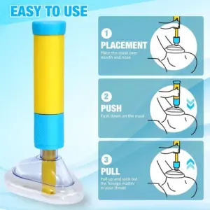 Dispositivo anti asfixia amarillo y azul con máscara transparente y guía de uso en tres pasos para extraer objetos de las vías respiratorias.