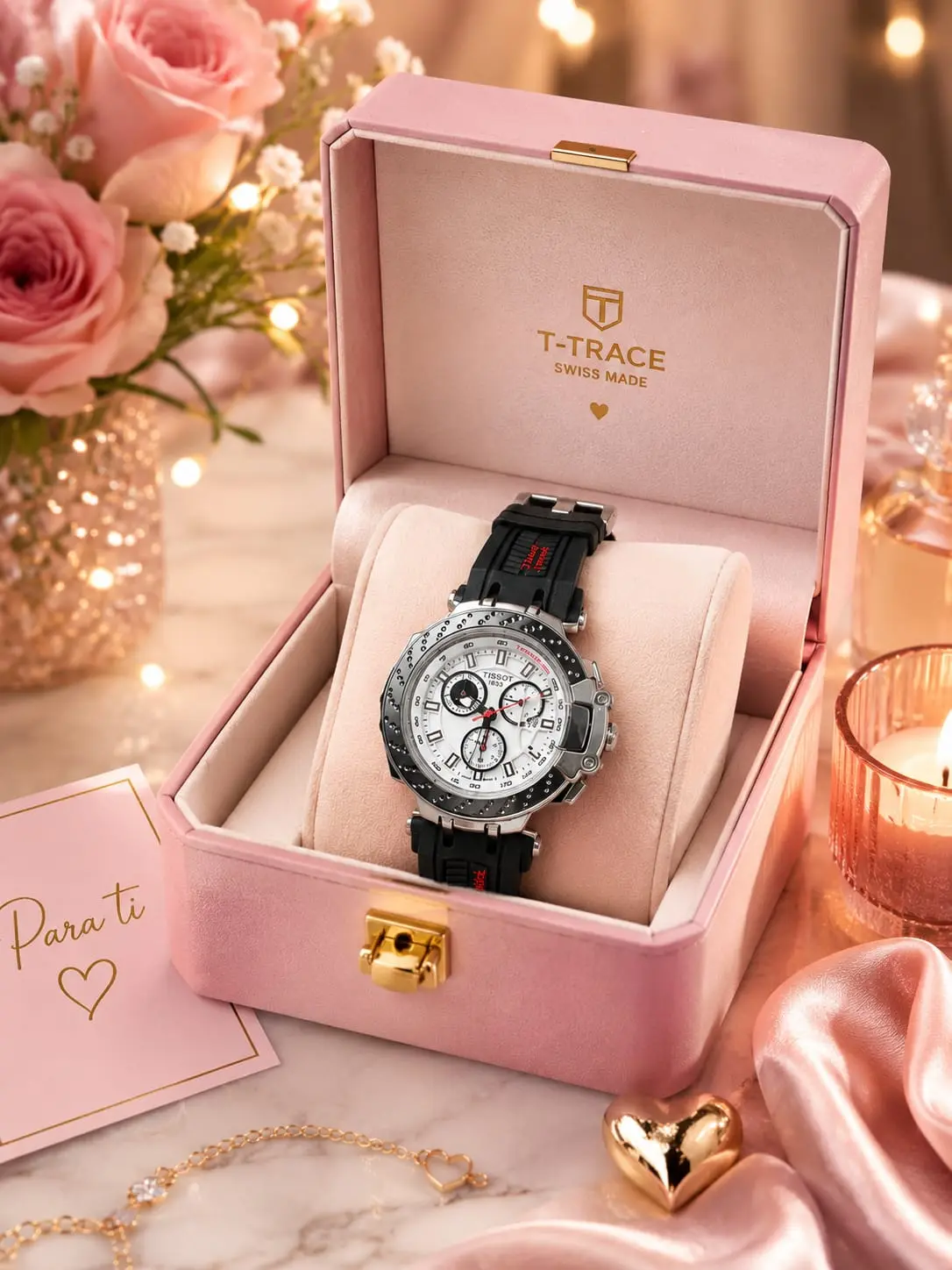 Reloj Tissot suizo de cuarzo para mujer con pulso de goma negro y caja de acero, exhibido en estuche rosa junto a rosas y tarjeta de felicitación.