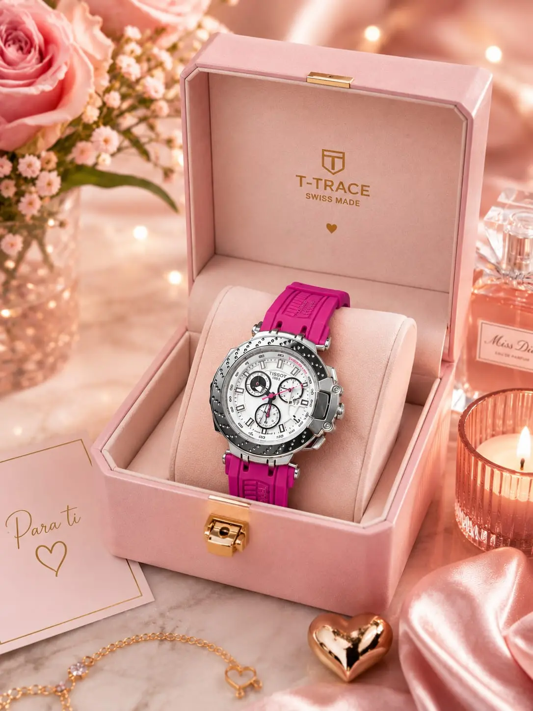 Reloj Tissot suizo para mujer en caja rosada, pulso de goma fucsia, esfera blanca con detalles plateados, acompañado de flores y tarjeta romántica.