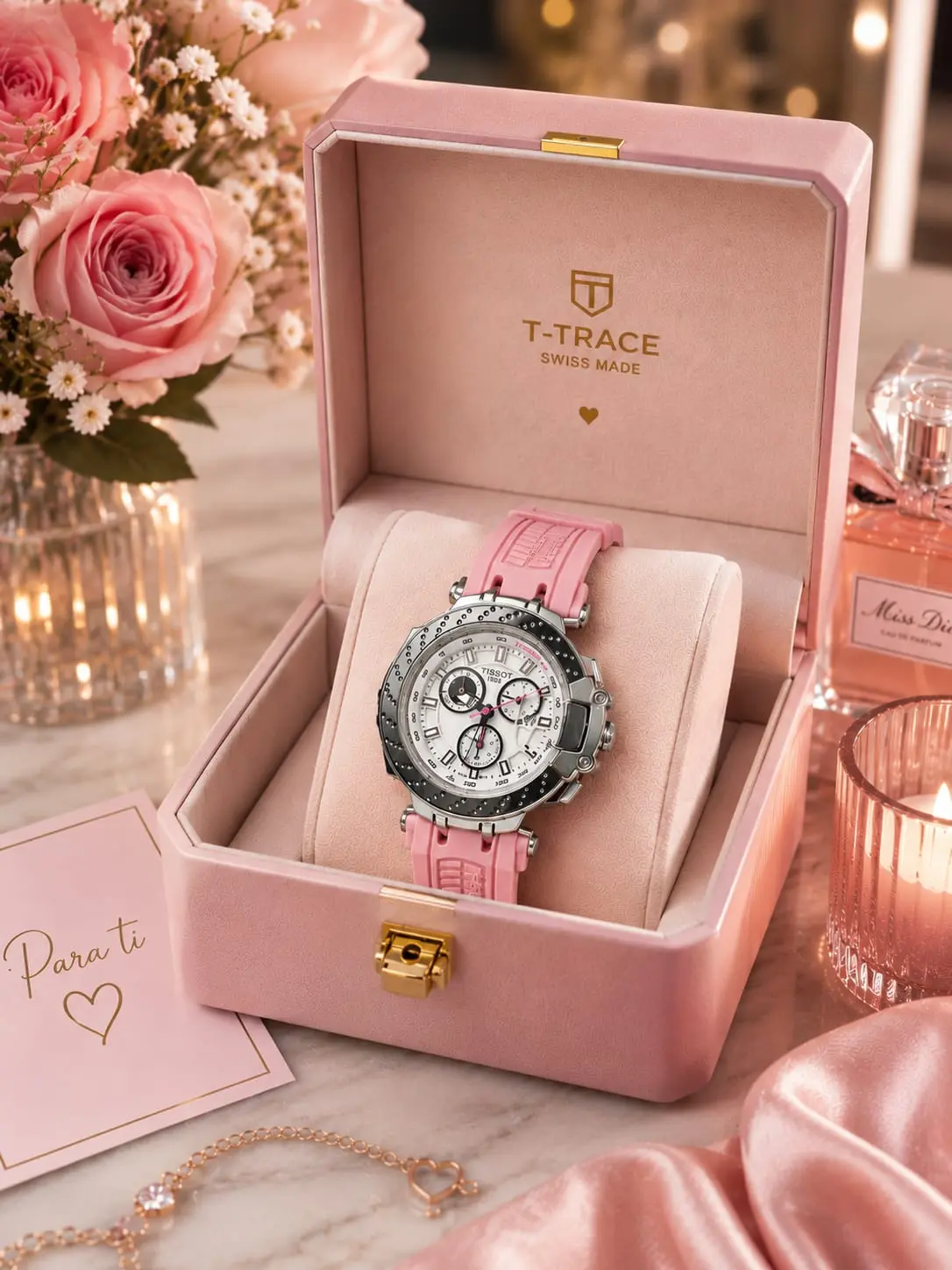 Reloj deportivo Tissot para mujer con pulso de goma rosa, esfera blanca y caja en estuche de terciopelo rosa con flores y perfume al lado