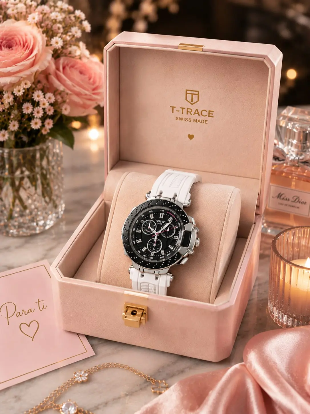Reloj Tissot de cuarzo para mujer con pulso blanco y esfera negra, presentado en caja rosa con flores y perfume.