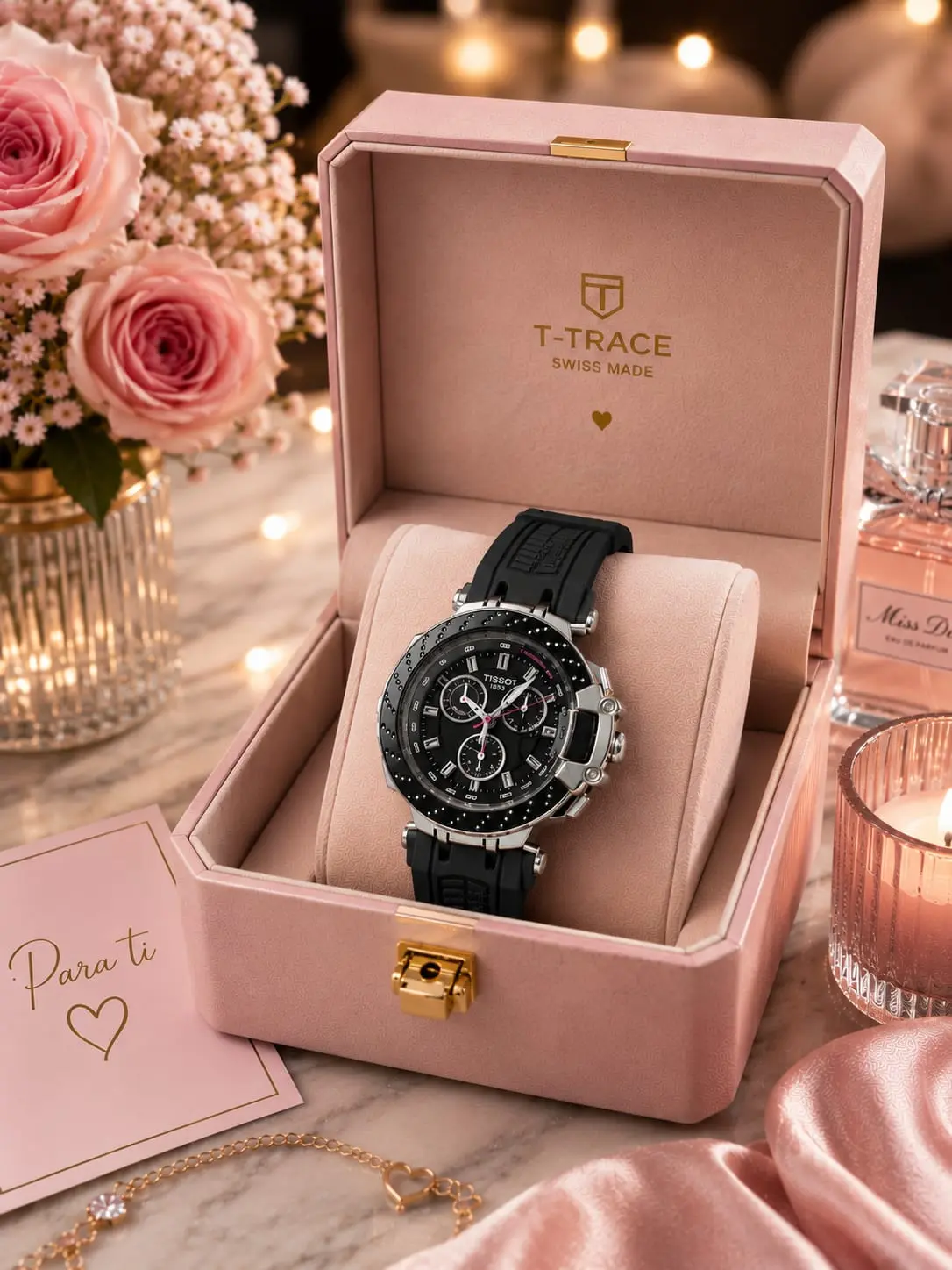Reloj Tissot para mujer en caja rosa con pulso de goma negro, esfera cronógrafo y diseño deportivo suizo.