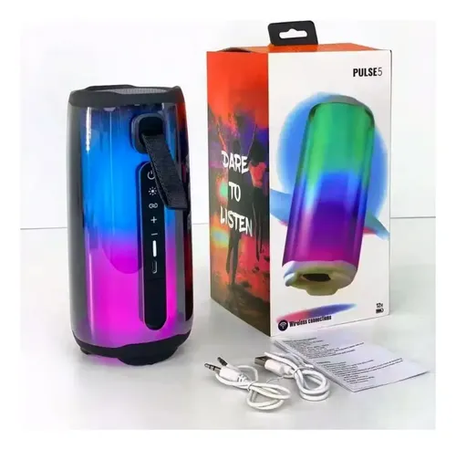Parlante portátil Pulse 5 Bluetooth con luces LED 360 y sonido de 20W - Disfruta de audio potente y resistente al agua en tus reuniones