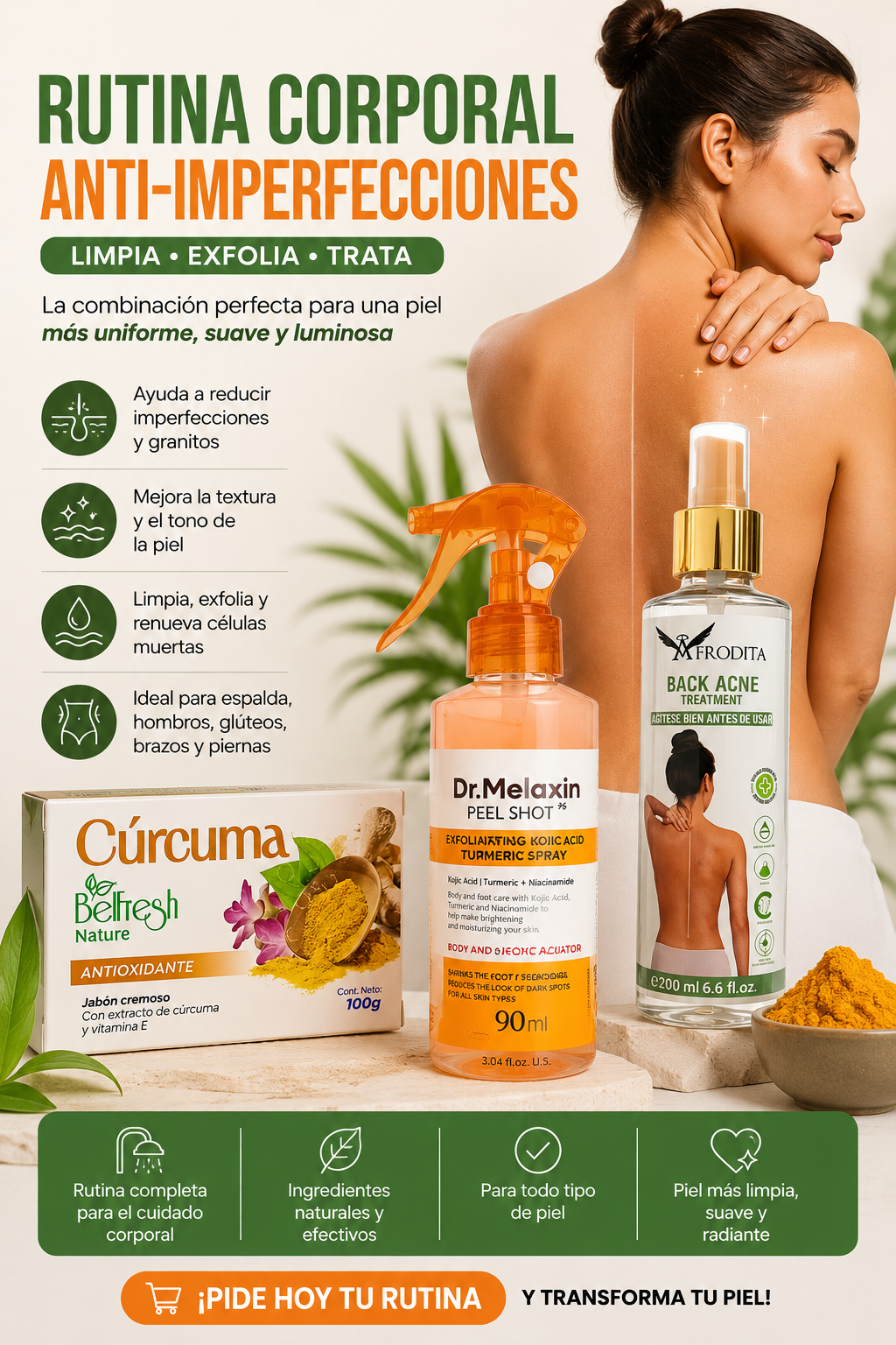 Rutina Corporal Anti-Imperfecciones con Curcuma y Acido Kojico - Limpia y Exfolia