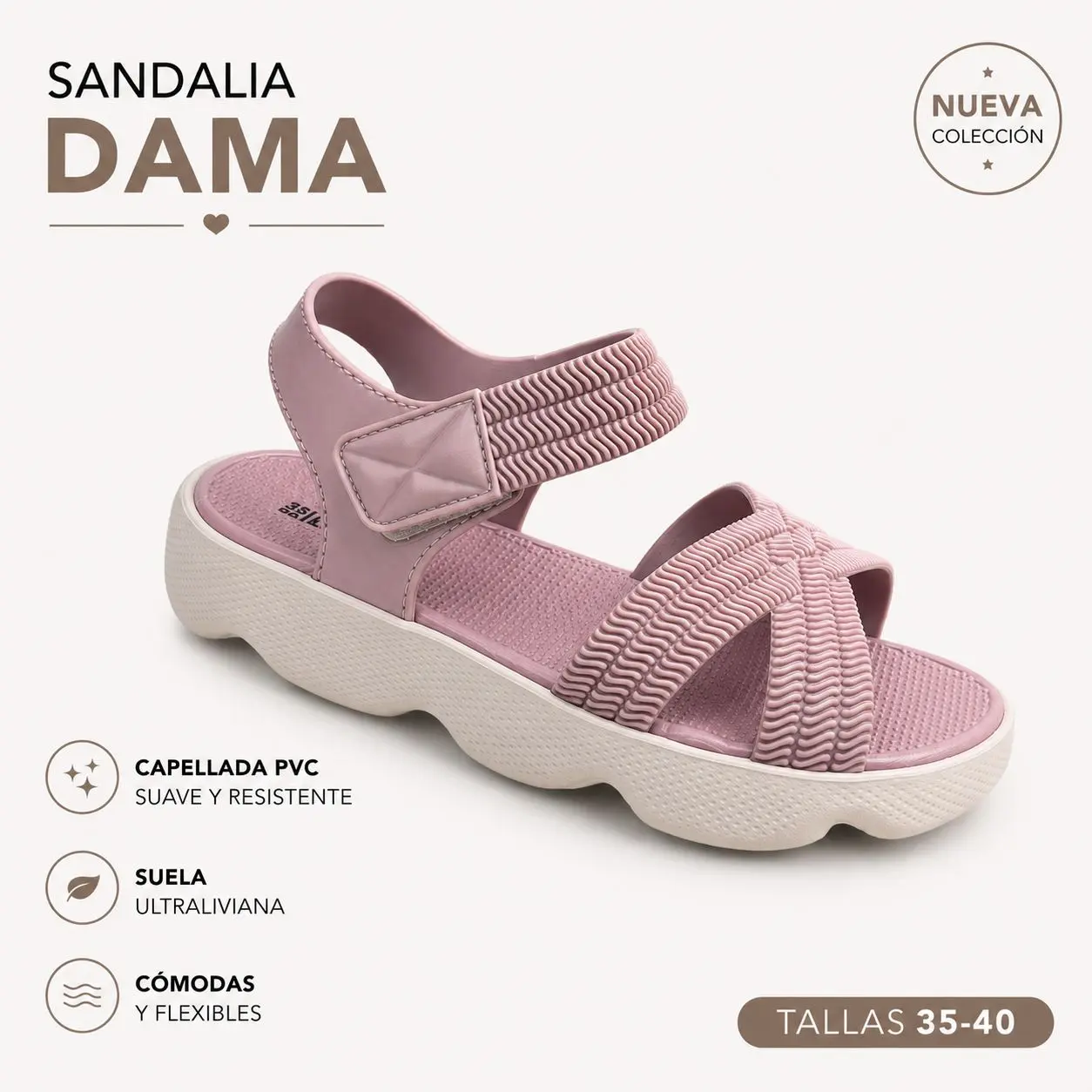 Sandalia rosada para dama con correas de PVC texturizadas, suela beige ondulada ultraliviana y ajuste en el tobillo. Tallas 35-40.