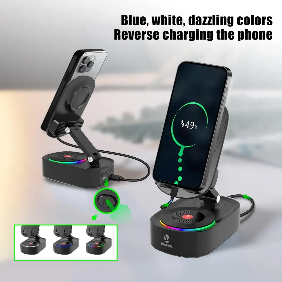 Base cargadora inalámbrica para celular con parlante, soporte ajustable y luces LED RGB multicolores en la base negra.