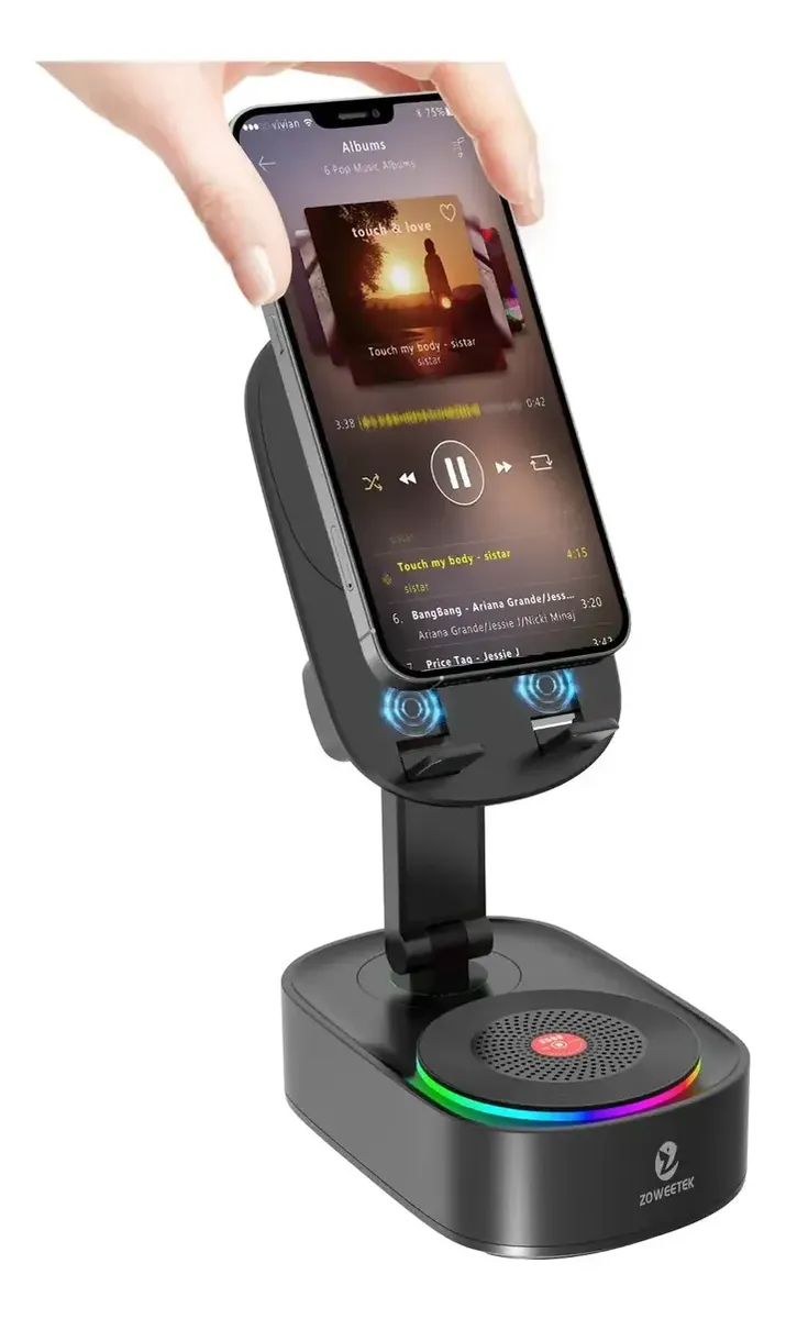 Base y parlante negro para celular con soporte ajustable, luz LED RGB en la base y conectores de inducción.