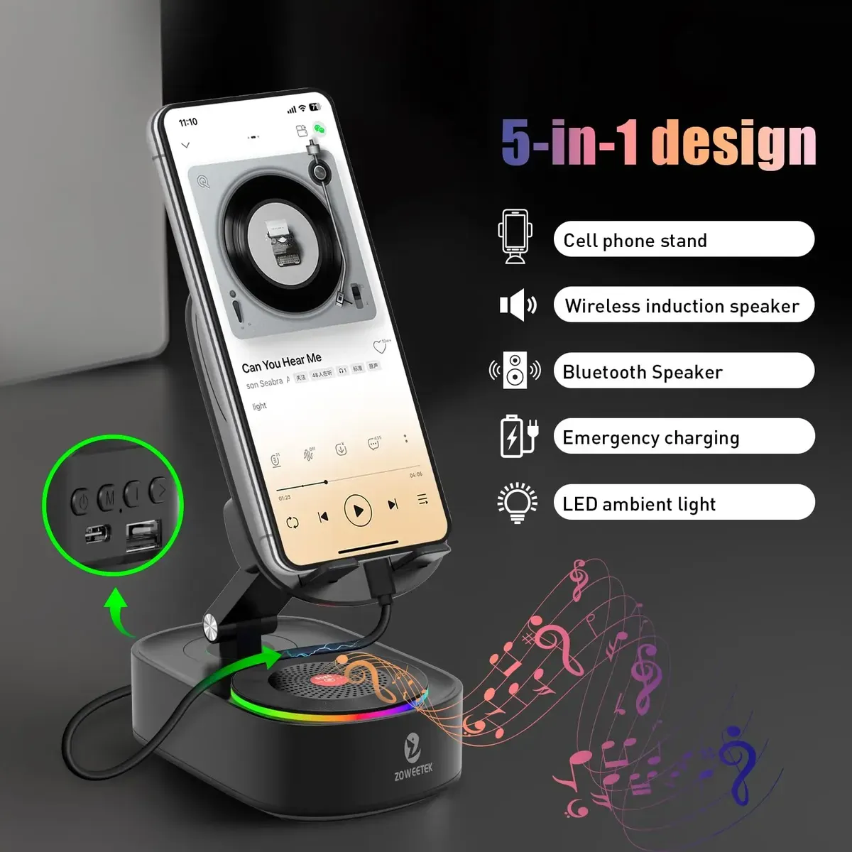 Soporte negro plegable para celular sobre base ovalada con parlante circular, luces LED de colores y panel de control lateral con puertos USB.