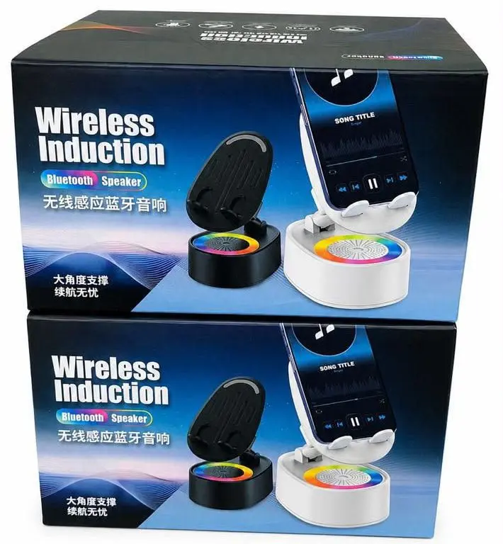 Dos cajas apiladas de parlante y soporte inalámbrico para celular con base multicolor y diseño negro o blanco con diseño LED.