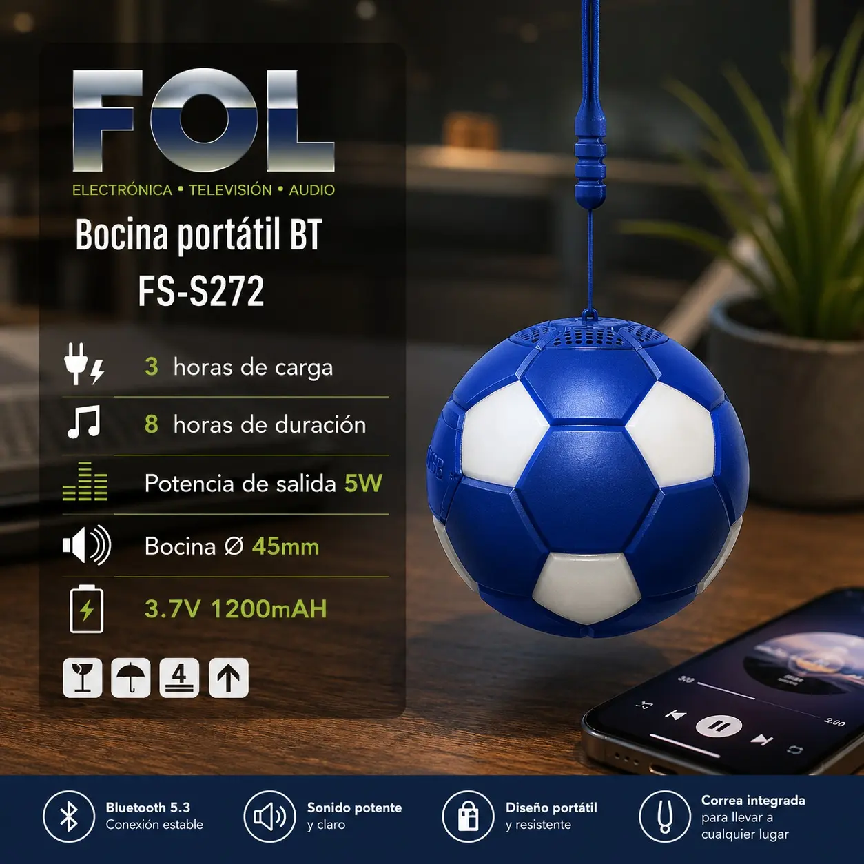 Parlante inalámbrico portátil Bluetooth en forma de balón de fútbol azul y blanco colgando, junto a un teléfono y un panel con especificaciones técnicas de 5W.