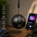 Parlante Bluetooth negro con forma de balón de fútbol y textura mate, con correa para colgar, junto a un celular sobre una mesa de madera.
