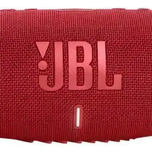Parlante inalámbrico JBL Charge 5 rojo con textura de tela, logo central y bordes de goma, vista frontal.