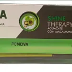 Caja verde de plancha de pelo Pronova Pro-9960, muestra el dispositivo brillante con pantalla digital a 450 F y extracto de aguacate y macadamia.