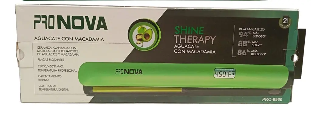 Caja verde de plancha de pelo Pronova Pro-9960, muestra el dispositivo brillante con pantalla digital a 450 F y extracto de aguacate y macadamia.