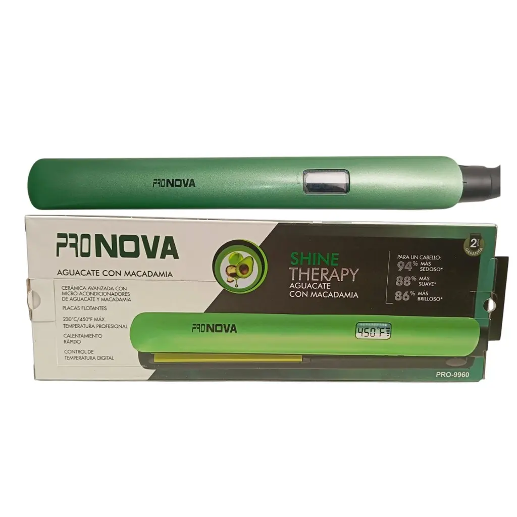 Plancha de pelo verde metálico Pronova Pro-9960 Shine Therapy con control digital y temperatura hasta 450 grados, sobre su caja ilustrada.