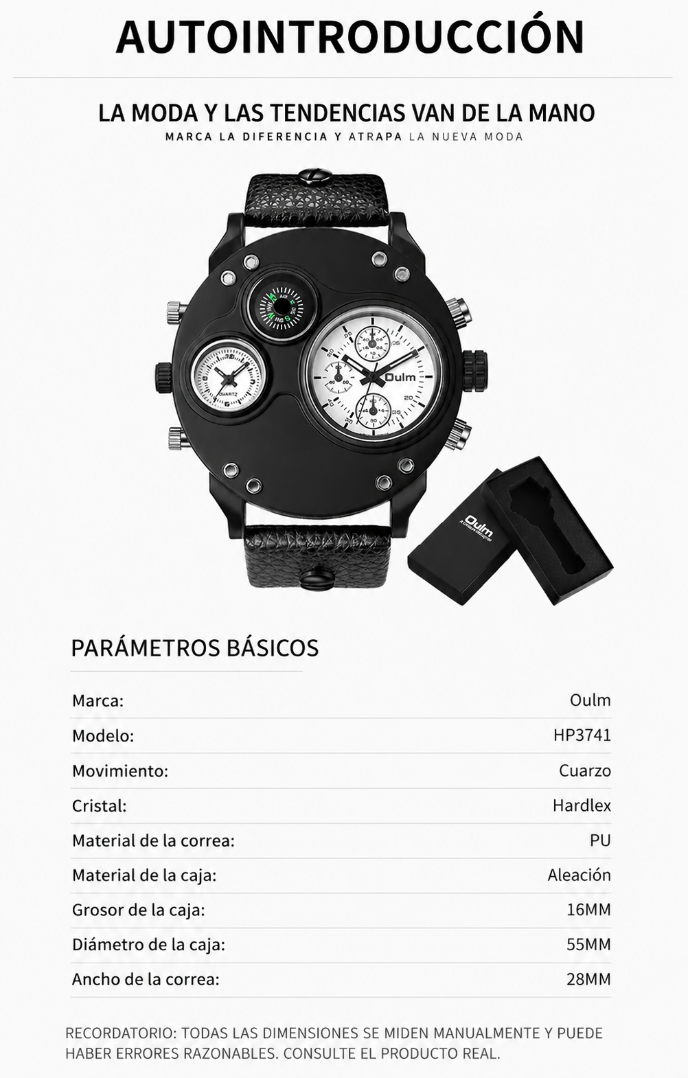 Reloj de pulsera militar Oulm 3741 con doble hora y brújula - Controla dos zonas horarias mientras disfrutas un diseño robusto