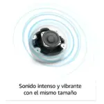 Corte transversal de parlante inalámbrico blanco que muestra su altavoz interno rodeado por ondas sonoras azules.