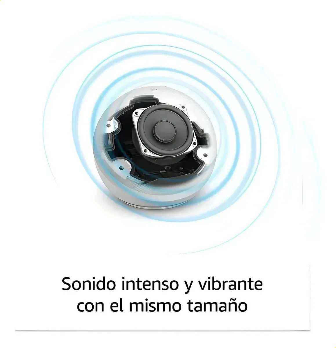 Corte transversal de parlante inalámbrico blanco que muestra su altavoz interno rodeado por ondas sonoras azules.