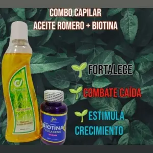 Combo capilar con aceite de romero en envase amarillo y biotina en frasco morado sobre fondo de hojas para fortalecer y estimular el crecimiento.