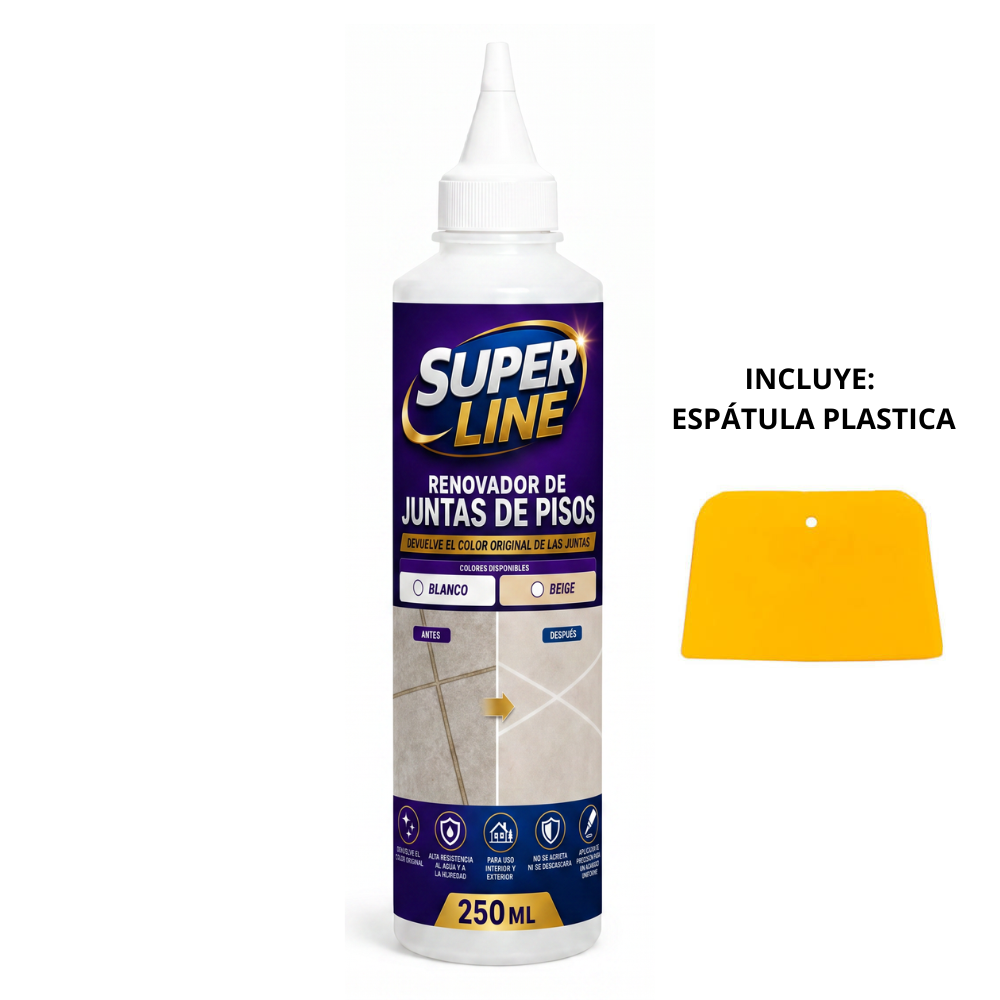 Renovador de juntas Super Line de 250 ml con aplicador de punta, incluye una espátula plástica amarilla para restaurar el color de pisos.
