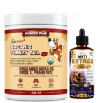 Kit para mascotas compuesto por envase blanco de polvo Turkey Tail de 200 gramos y frasco ámbar de gotas antiestrés de 30 mililitros.
