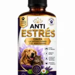 Gotas antiestrés para mascotas en frasco de vidrio ámbar con gotero de 30 ml. Etiqueta morada y blanca con de un perro y un gato.