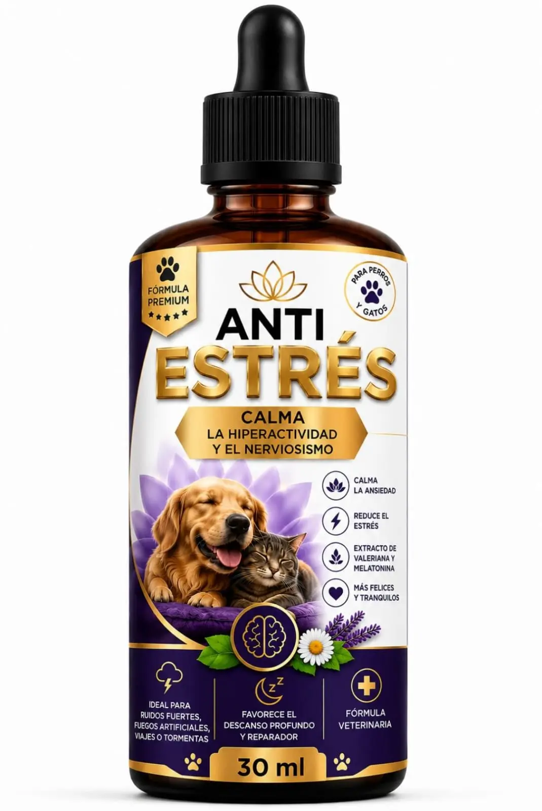 Gotas antiestrés para mascotas en frasco de vidrio ámbar con gotero de 30 ml. Etiqueta morada y blanca con de un perro y un gato.