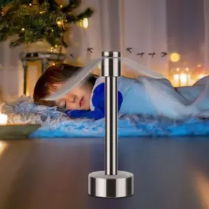 Ventilador ahuyentador de moscas plateado para mesa con aspas holográficas giratorias