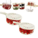 Escurridor y contenedor 2 en 1 para frutas con asa plegable y tapa transparente