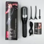 Kit recortador de horquillas inalámbrico negro con estuche, dos pinzas, cepillo de limpieza, cable USB y manual de instrucciones.