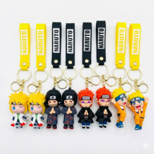 Ocho llaveros de silicona 3D de Naruto, Itachi y Pain con correas amarillas y negras con texto, ideales para decorar mochilas y llaves.