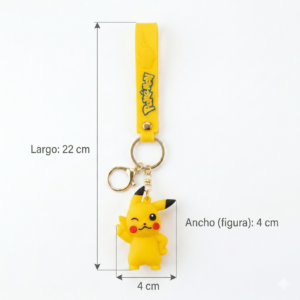 Llavero de silicona amarillo de Pikachu con correa y mosquetón dorado. Medidas: 22 cm de largo total y 4 cm de ancho en la figura 3D.