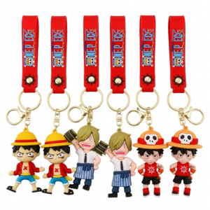 Set de 6 llaveros 3D de silicona de One Piece con figuras de Luffy y Sanji, correas rojas con logo y ganchos dorados para mochilas.