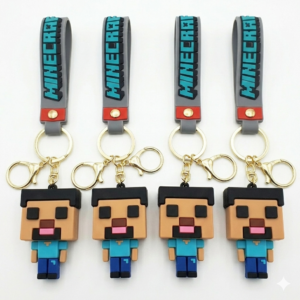 Cuatro llaveros de silicona 3D de Minecraft con figuras de personajes, correas grises con texto azul y ganchos metálicos dorados.