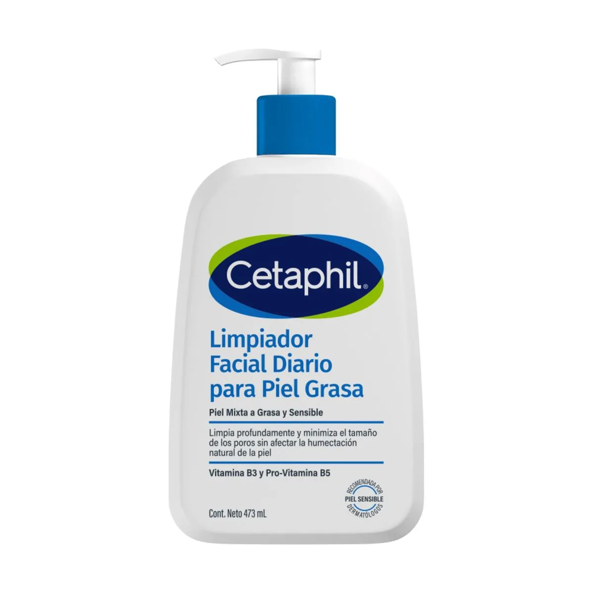 Cetaphil Limpiador Facial Diario para Piel Grasa y Mixta en envase blanco con dispensador azul, contenido de 473 ml.