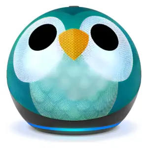 Parlante inteligente esférico diseño de búho color turquesa con base negra y anillo de luz azul inferior integrado
