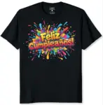 Camiseta negra de algodón para adultos, manga corta y cuello redondo, con estampado multicolor festivo que dice Feliz Cumpleaños