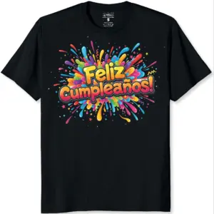 Camiseta negra de algodón para adultos, manga corta y cuello redondo, con estampado multicolor festivo que dice Feliz Cumpleaños