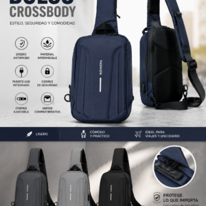 Bolso crossbody antirrobo impermeable en azul oscuro con puerto USB, diseño ergonómico, cierre de seguridad y variantes en gris y negro.