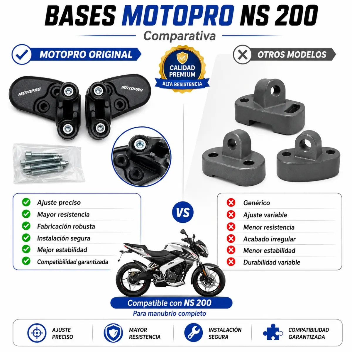 Base de manubrio con tornillería para Bajaj Pulsar NS 200 - Restaura la firmeza del manillar eliminando la holgura