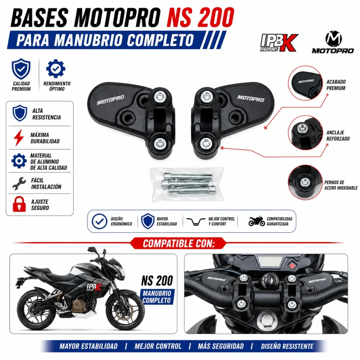 Base de manubrio con tornillería para Bajaj Pulsar NS 200 - Restaura la firmeza del manillar eliminando la holgura