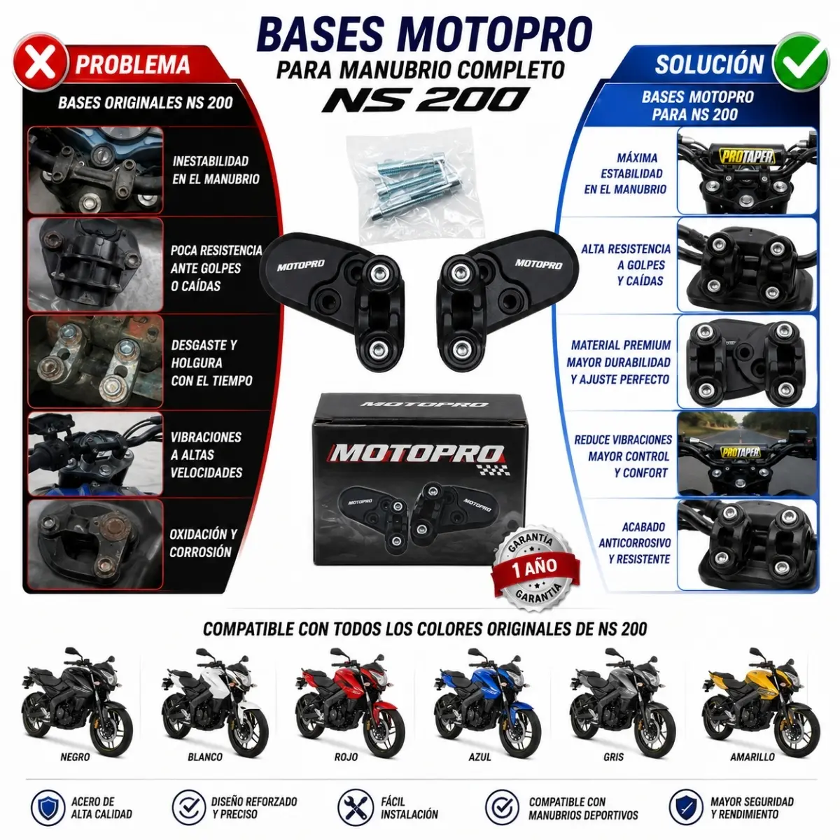 Base de manubrio con tornillería para Bajaj Pulsar NS 200 - Restaura la firmeza del manillar eliminando la holgura