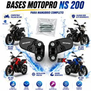 Par de bases de manubrio Motopro negras para Bajaj Pulsar NS 200 con tornillería, junto a versiones de la moto en negro, blanco, rojo y azul.