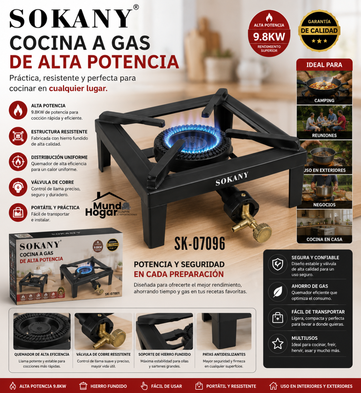 Estufa a gas Sokany 1 puesto con quemador de 9.8 kW - Cocina alimentos rápidamente en interiores y exteriores