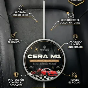 Cera hidratante M1 para cuero y plásticos automotrices, en presentación circular de 100 gramos, con efecto restaurador de color y acabado no graso.