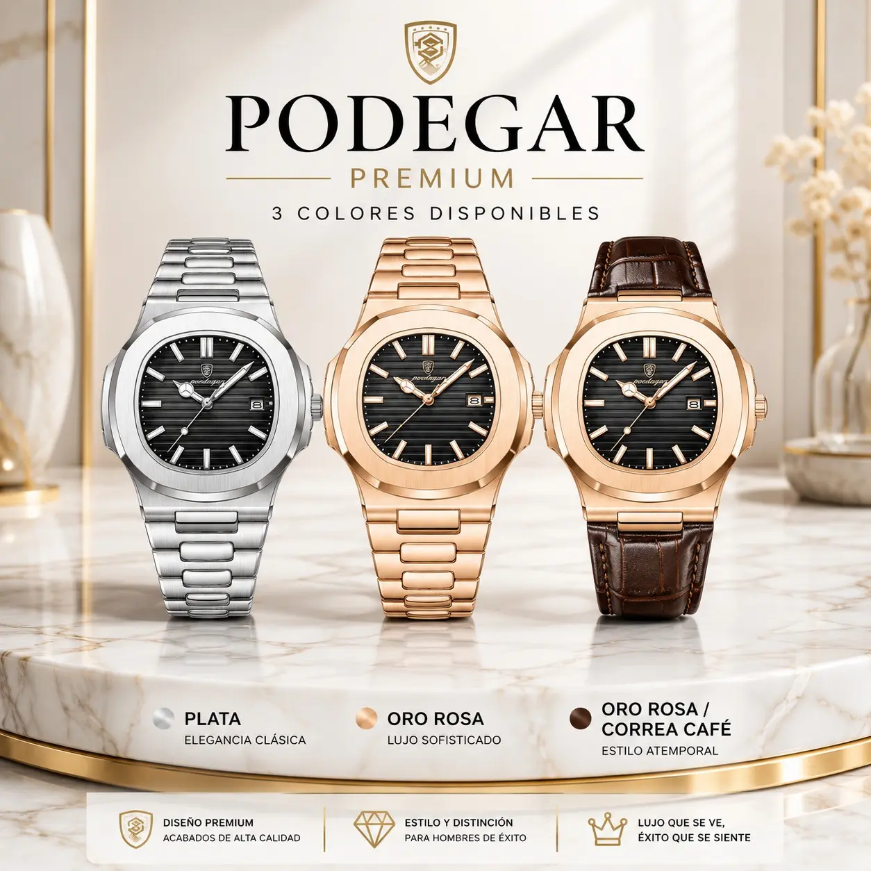 Tres relojes ejecutivos para hombre con esfera negra y caja metálica en tonos plata y oro rosa, exhibidos sobre superficie de mármol.