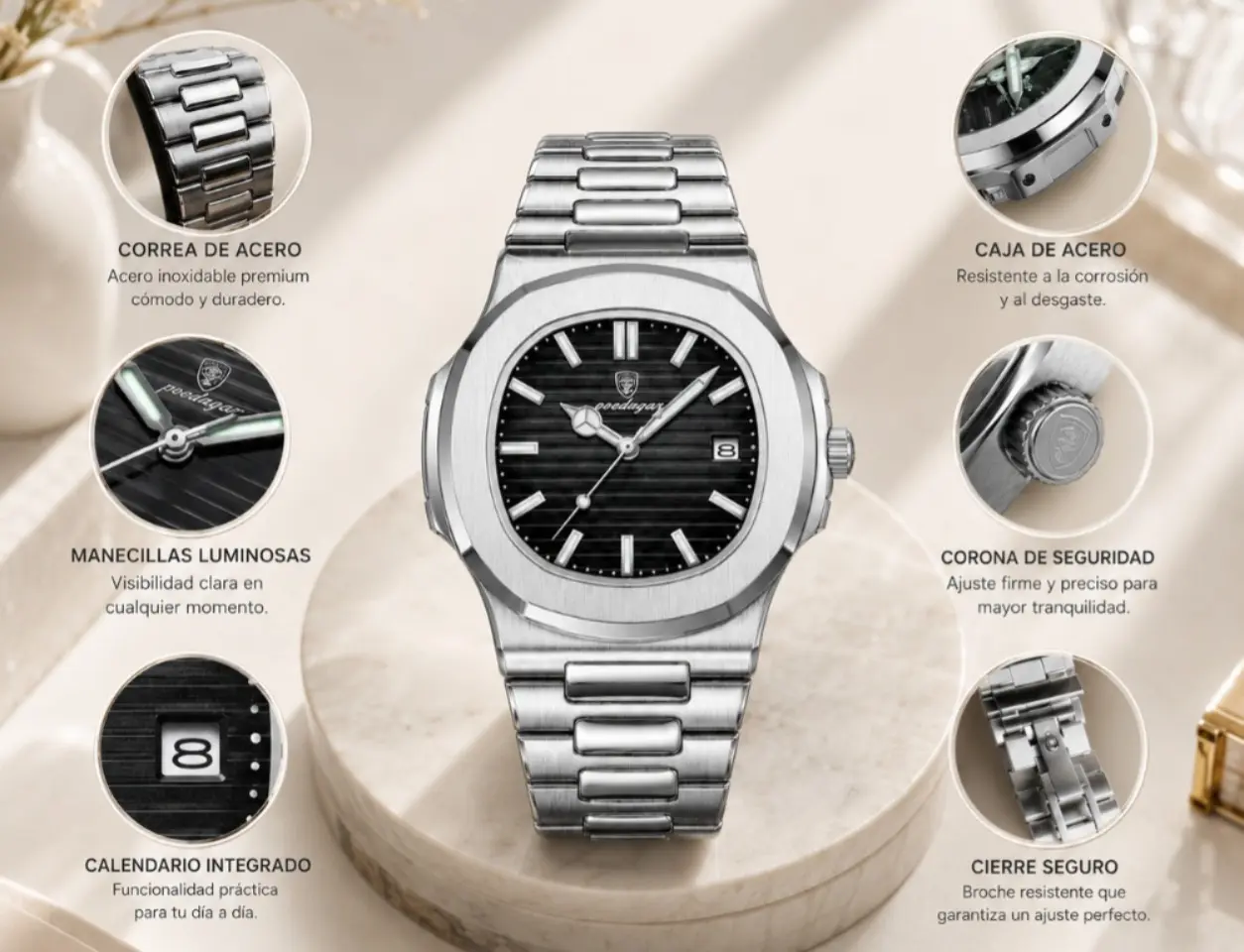 Reloj para hombre plateado con esfera negra texturizada, calendario, manecillas luminosas, correa y caja de acero inoxidable.