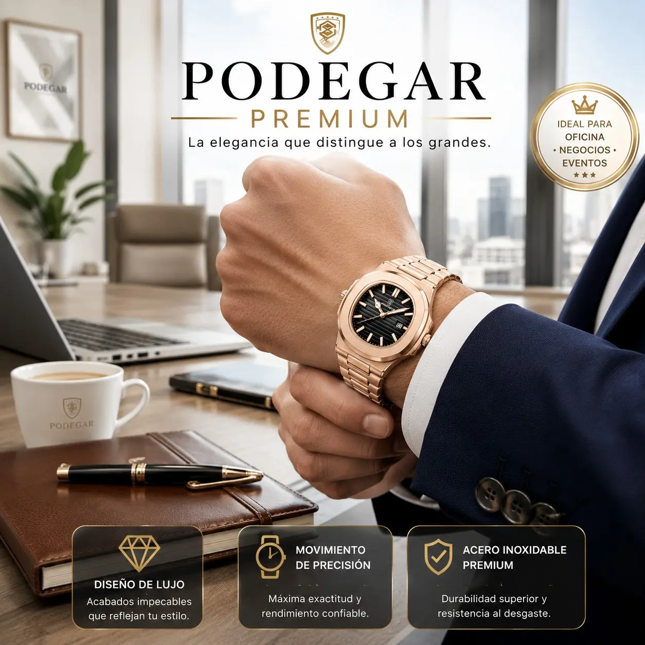 Reloj dorado para hombre con caja octagonal y esfera negra acanalada, en muñeca ejecutiva sobre escritorio de oficina.