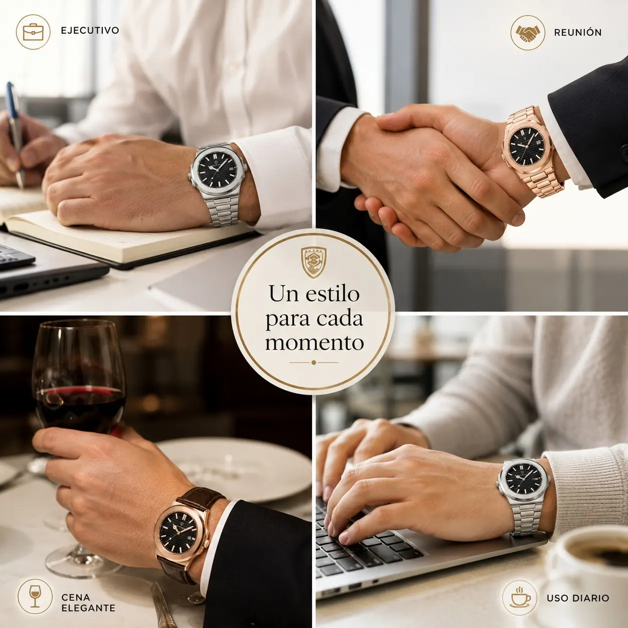 Reloj Poedegar metálico para hombre en cuatro estilos: plateado ejecutivo, oro rosa para reuniones, oro rosa con correa de cuero y plateado de uso diario.