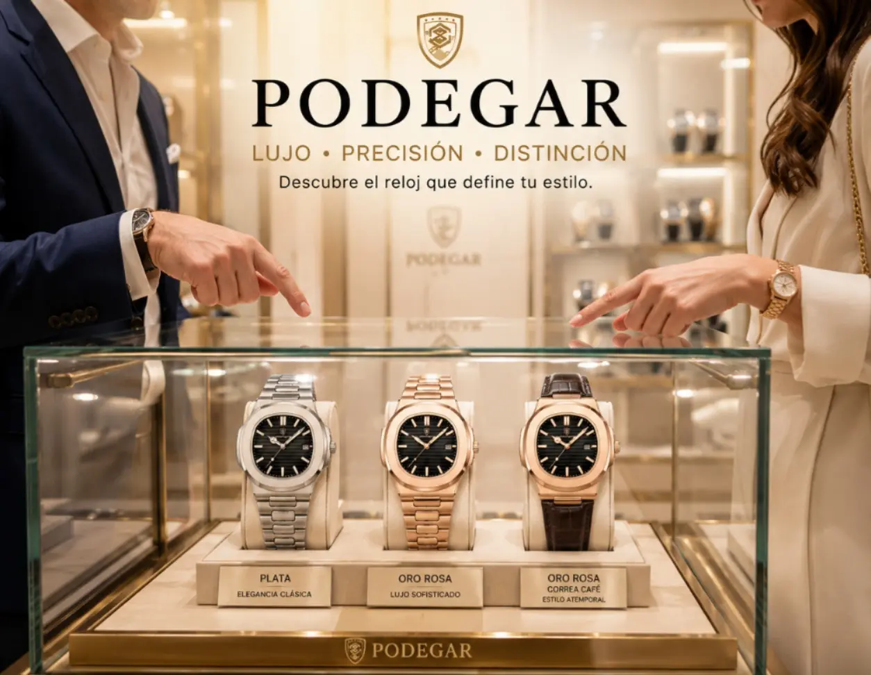 Reloj Podegar de lujo para hombre con pulsera metálica en exhibición ejecutiva.
